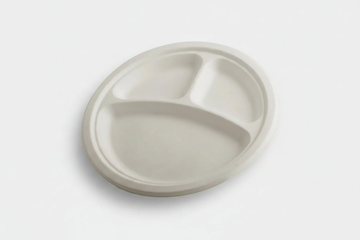 9" Round Bagasse Lunch Plates 3 Compartment