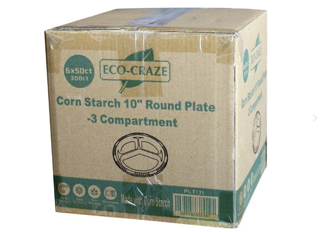10" Round Corn Starch 3 Compartment Plate- Eco Craze