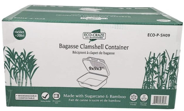 Bagasse Clamshell Containers 9x9- Eco Craze