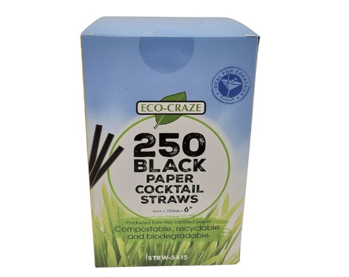 6" Cocktail Straws Paper Black-Eco Craze