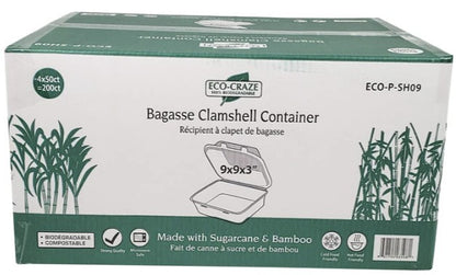 Bagasse Clamshell Containers 9x9- Eco Craze